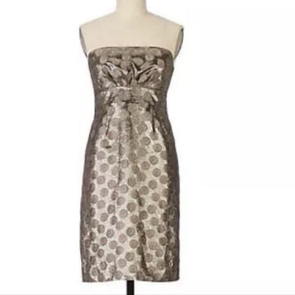 Moulinette Soeurs Strapless Metallic Taupe Polka Dot Sheath